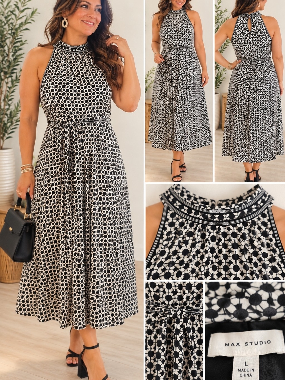 Max Studio Black & White Halter Neck Geo Floral Maxi Dress
